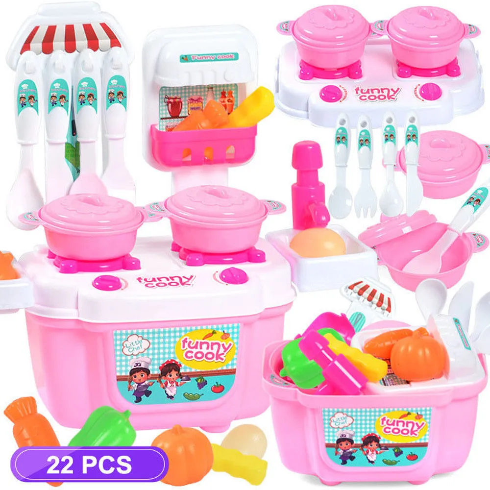 Pretend Play Kitchen Set for Kids Mini Role Play Food Cooking Playset Girls Toys 