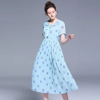 

Summer Women Long Chiffon Dress peter pan collar short sleeves slim fit elegant vacation beach dress party dress XXXXXL4XL 5X