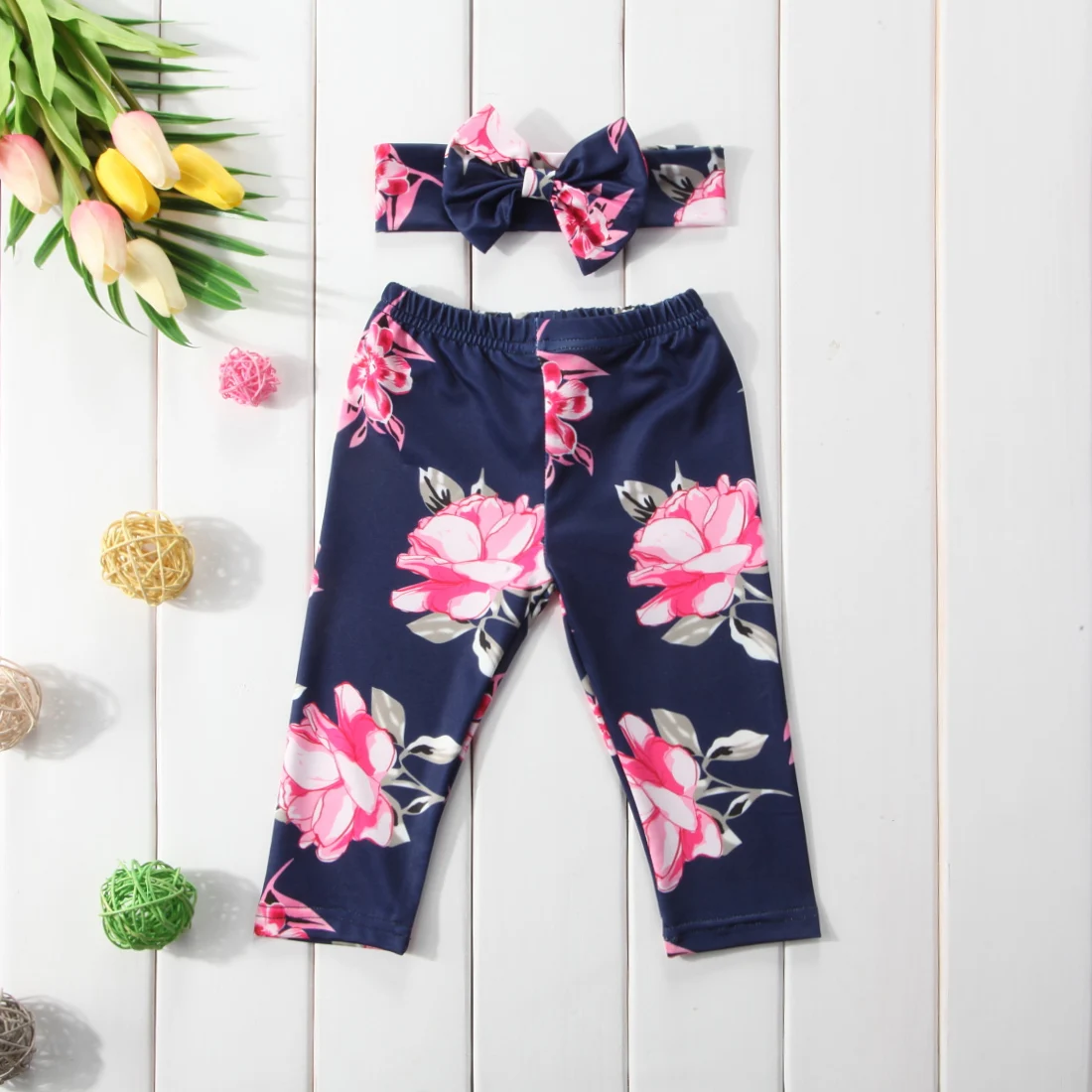 Штаны с цветочным принтом для маленьких девочек; одежда с цветочным рисунком; штаны-леггинсы; штаны и повязка на голову для малышей
