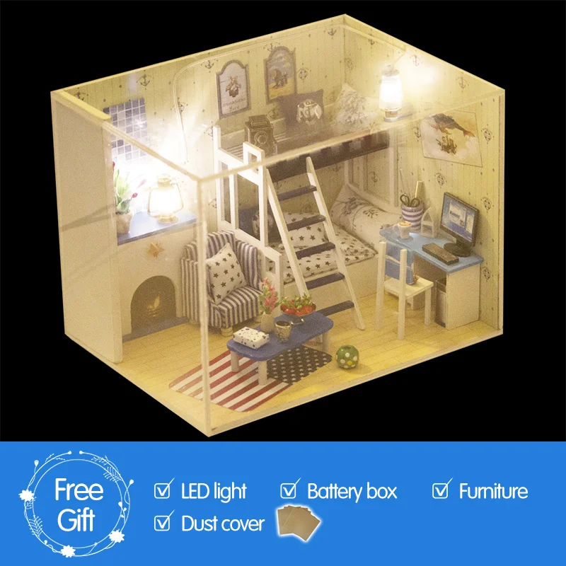 Кукольный дом мебель Diy Миниатюрный пылезащитный чехол 3D Деревянный Miniaturas кукольный домик большой темно-синий комната мечты Игрушки для девочек Подарки - Цвет: NO Musical movement