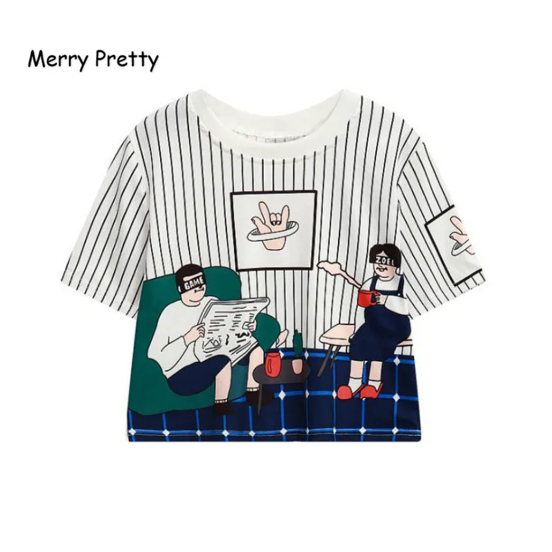 MERRY PRETTY New Arrival Women Casual Striped Tops Character Printed O-Neck Crop Top Harajuku Summer Short Sleeve Funny T-Shirts