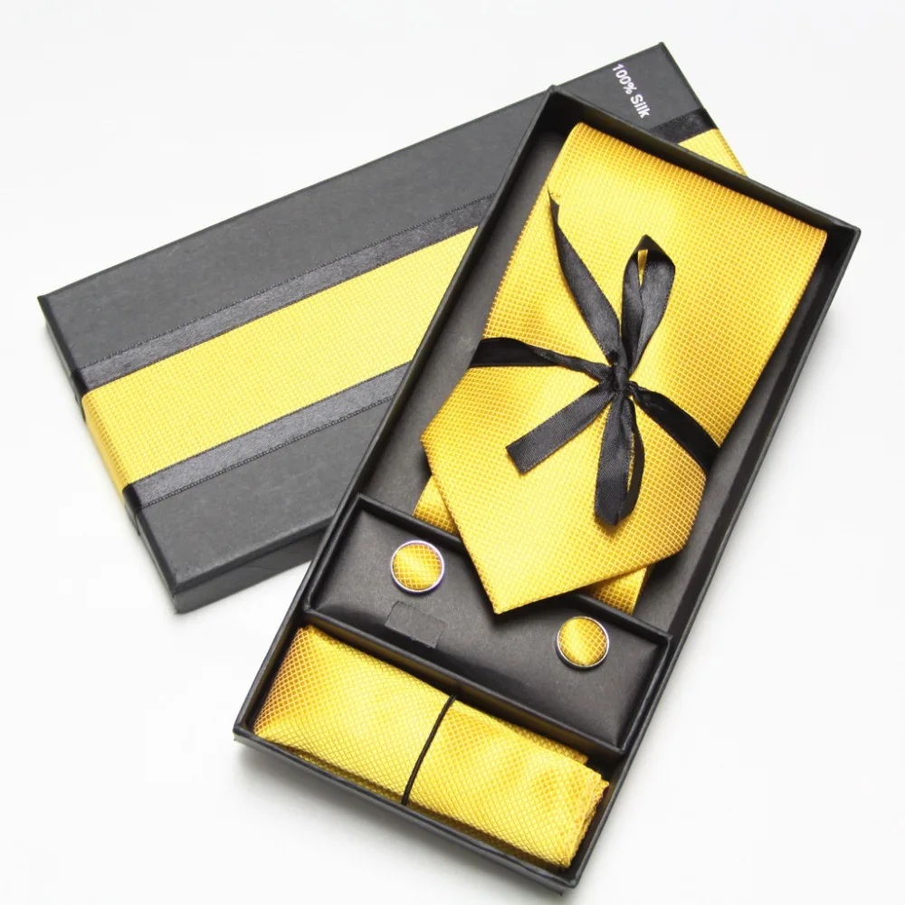 Men Tie Sets Neck Tie Hankerchiefs Cufflinks 10 colours Box gift polyester handmade
