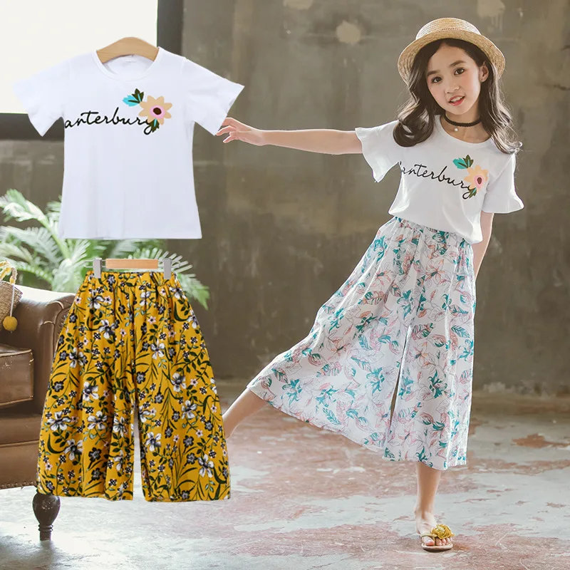 4-14Years الصيف الفتيات مجموعة ملابس 2019 جديد الطفل في سن المراهقة الاطفال أزياء تي شيرتات قصيرة الاكمام + الطباعة واسعة الساق بانت 2 قطعة بدلة