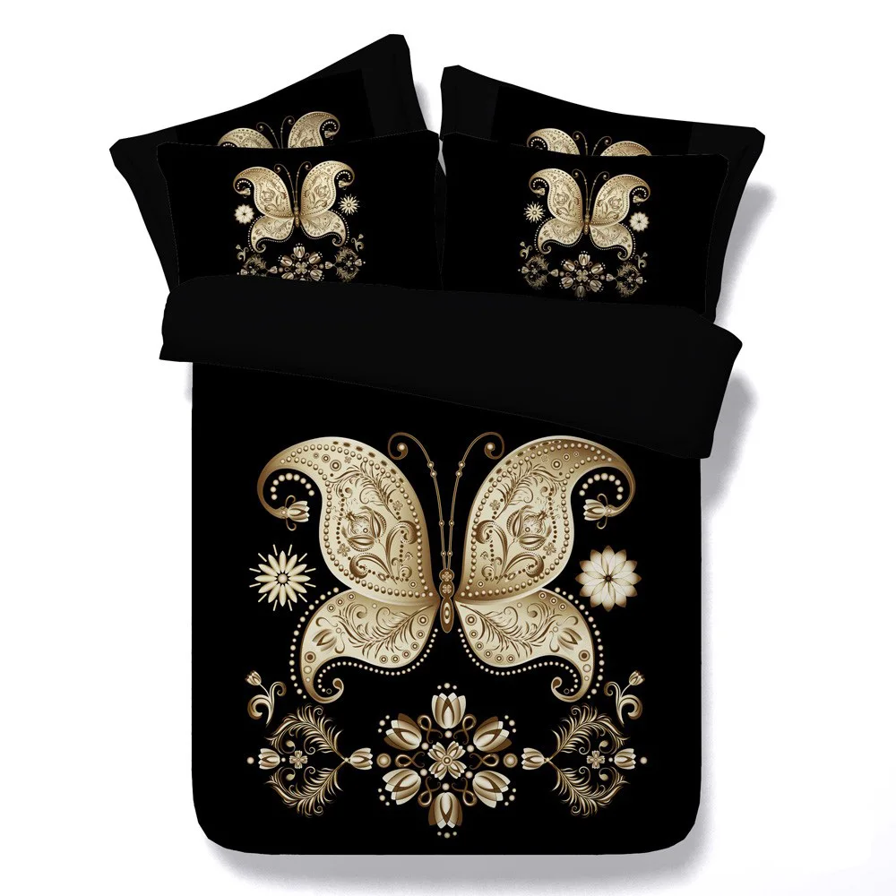 Lai Yin Sun Drop shipping Duvet cover sets Pillow cases Luxury Black and Gold Butterfly and Engraved designs Hd 3d Digital