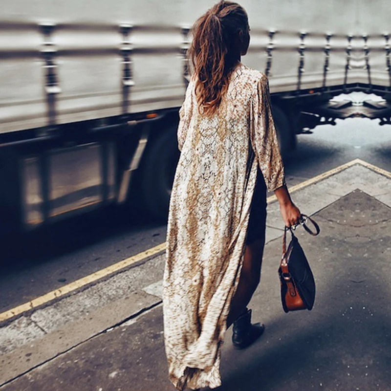 2019 Summer Long Kimono Cardigan Women Snakeskin Printed Chiffon Cardigan Cover Ups Beach Boho Blouses Outwear Maxi Coverups