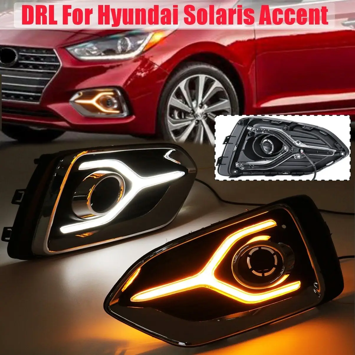 

Pair Daytime Running Light LED DRL White Yellow Daytime Running Light With Turn Signal Lamp For Hyundai Solaris Accent 2017-2019
