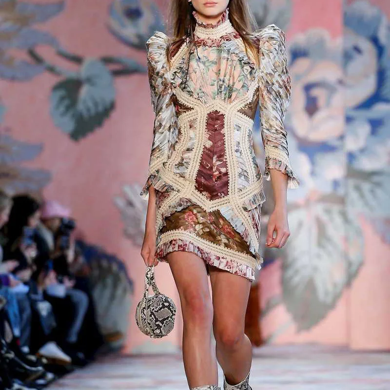

Australia Designer Brand Dress for Women Runway Pleated Colorblock Printed Stand Collar Butterfly Sleeve Dress