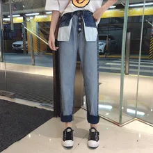 Высокая талия сшивание Джинсы женские женские весенние новые анти-носить многокнопочный хит цвет дикие прямые брюки женские