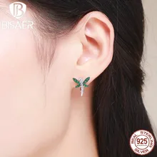 Мода 925 пробы серебро зеленый четко CZ, маленькие насекомые Кристалл стрекозы серьги для женщин хорошее ювелирное изделие