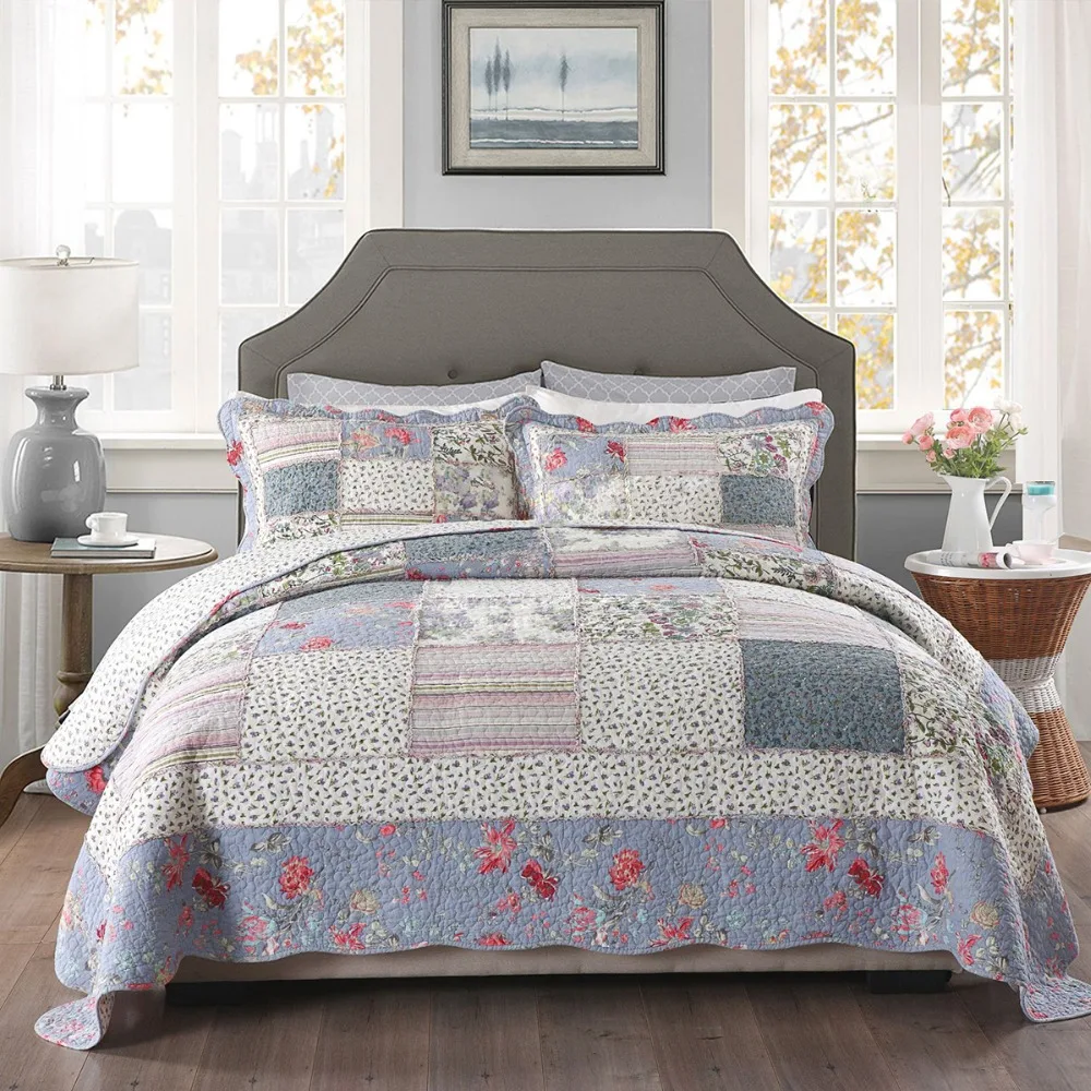 Quality Cotton Bedspread Patchwork Quilt Set 3PC/4pcs bedding Quilts Bed Covers King Queen Size Coverlet Purple Floral Blanket