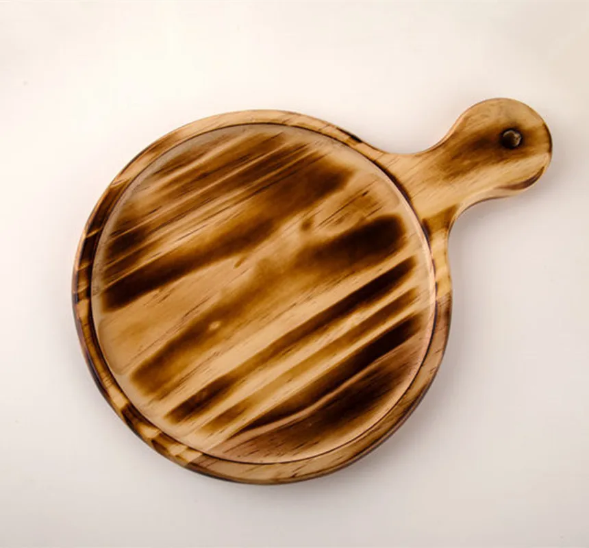 Vintage Style Wooden Round Pizza Peel Multiple Use Bread Board Pizza Stone Pad with Handle Food