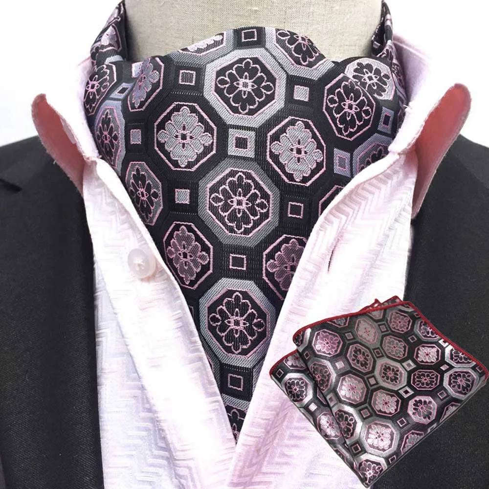  Mens Cravat Handkerchief Geometric Floral Ascot Scarves Pocket Square Set