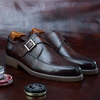 

Vintage Round Toe Man Formal Dress Retro Shoes Natural Genuine Leather Monk Strap Men' Flats Buckle Platform Footwear BGQ136