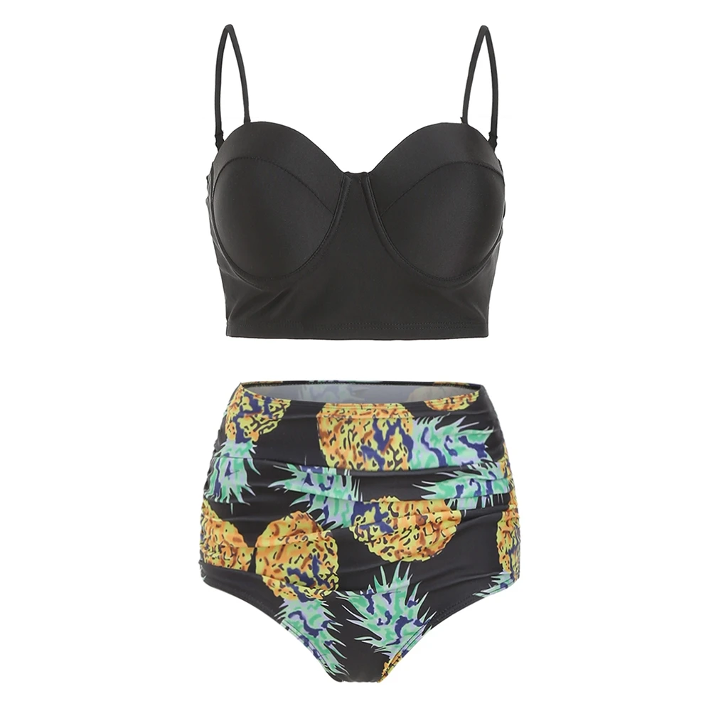 

Pineapple Underwire Blouson Bikini Set Summer Women Beachwear Two Pieces Bathing Suit Underwire Padded Ruched High Waisted