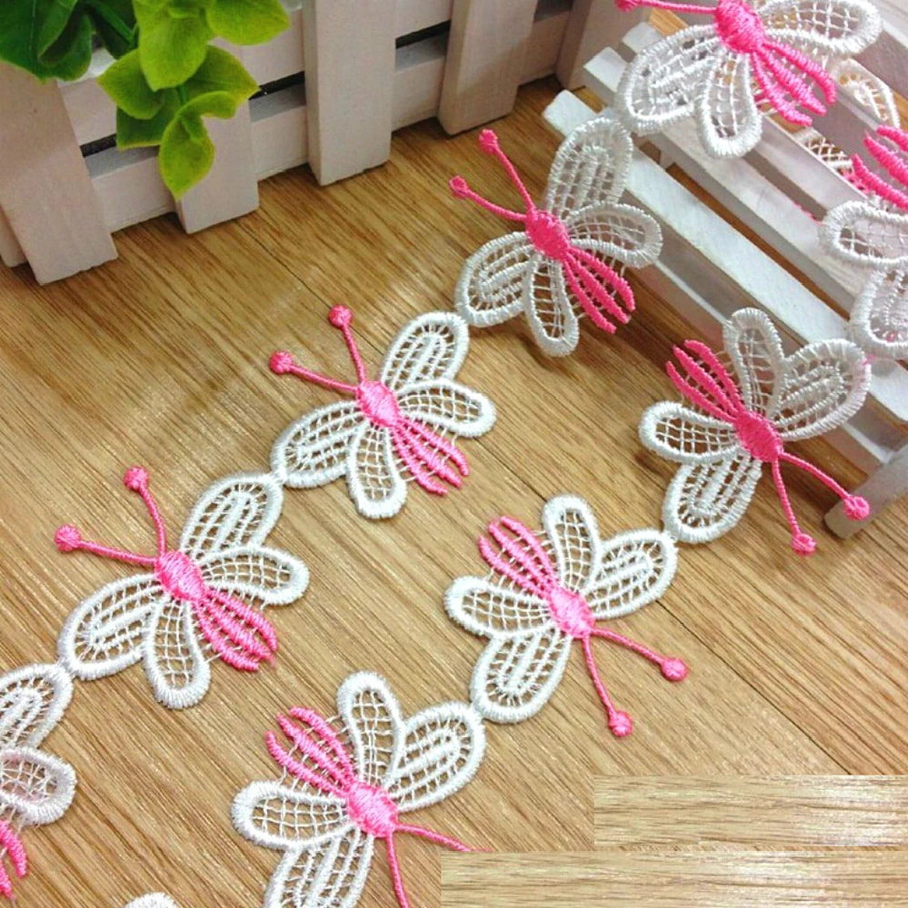 FD3066 Pink Butterfly Embroidered Lace Sewing Trim DIY Craft Appliques