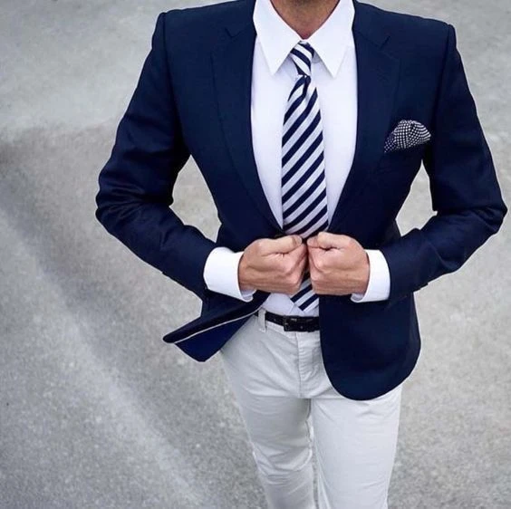 Blazer azul marino personalizado, pantalones blancos para hombre, traje de  negocios para novio, boda, traje de 2 piezas, esmoquin ajustado|Trajes| -  AliExpress