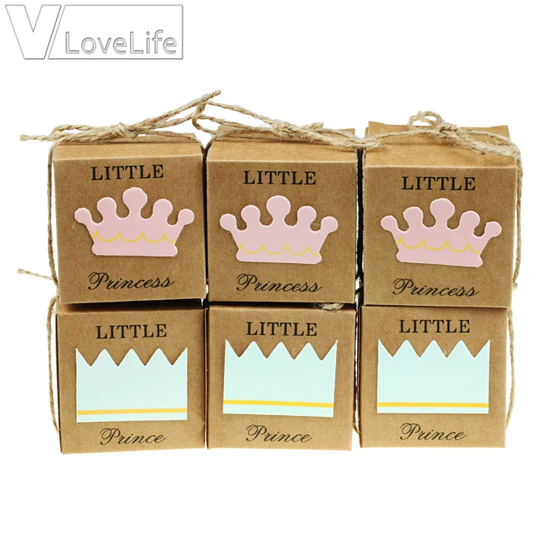 

12pcs/lot Little Prince Princess Candy Box Crown Twine Kids Baby Shower Party Chocolate Boxes Wedding Favors Supplies Gift Box