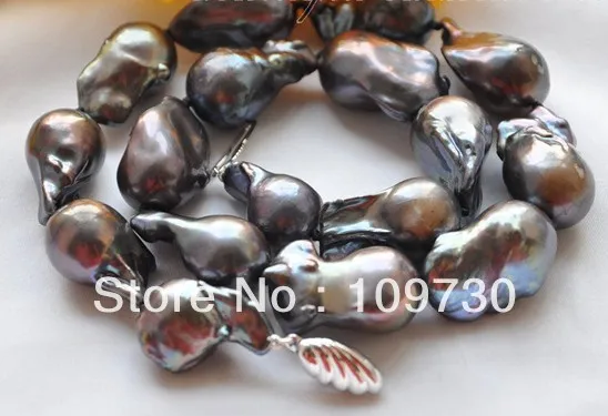 

Jewelry 001863 26mm BLACK BAROQUE KESHI REBORN PEARL NECKLACE 925silver 17inch