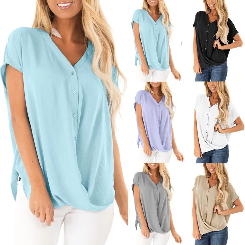 

2019 Fashion Women Summer Short Sleeve Chiffon T Shirt Casual Loose V Neck Button Tops Shirt clothing