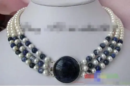 

Free shipping hot sale Women Bridal Wedding Jewelry >> NICE 3strands 8mm white FW pearl lapis lazuli necklace