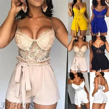 Сексуальный женский летний кружевной Цветочный комбинезон с высокой талией Женский мини-костюм пляжного типа комбинезон летняя одежда для вечеринок Клубная одежда