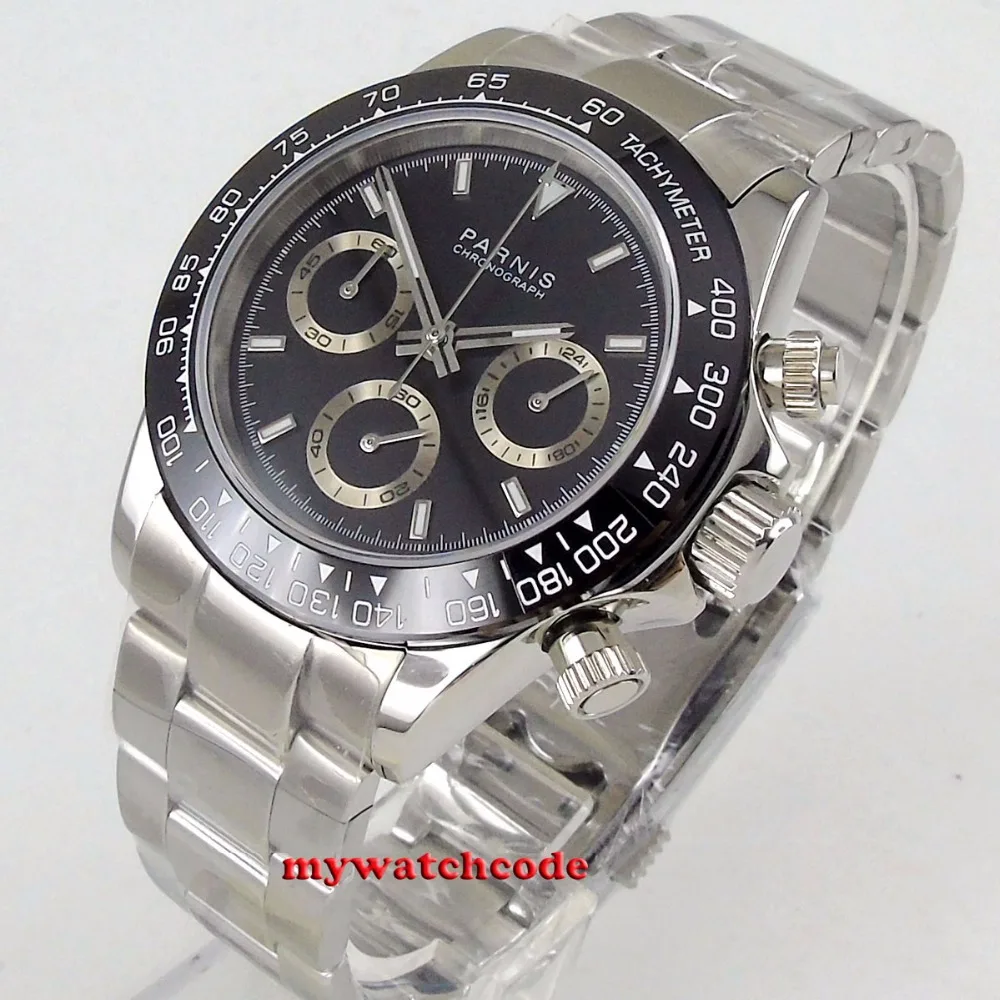 39mm PARNIS black dial sapphire glass cermaic bezel Chronograph quartz mens watch P1178 | Наручные часы