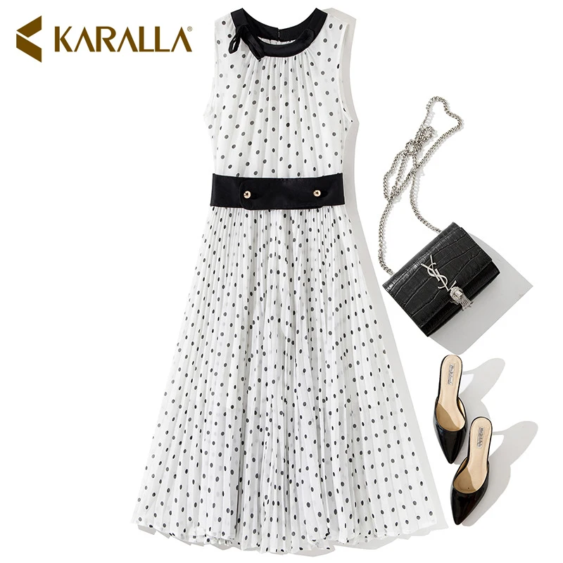 Karalla Summer Sleeveless Polka Dot Print Dress Casual Women Fashion Dresses New A-Line Elegant Knee-Length dresses L0192