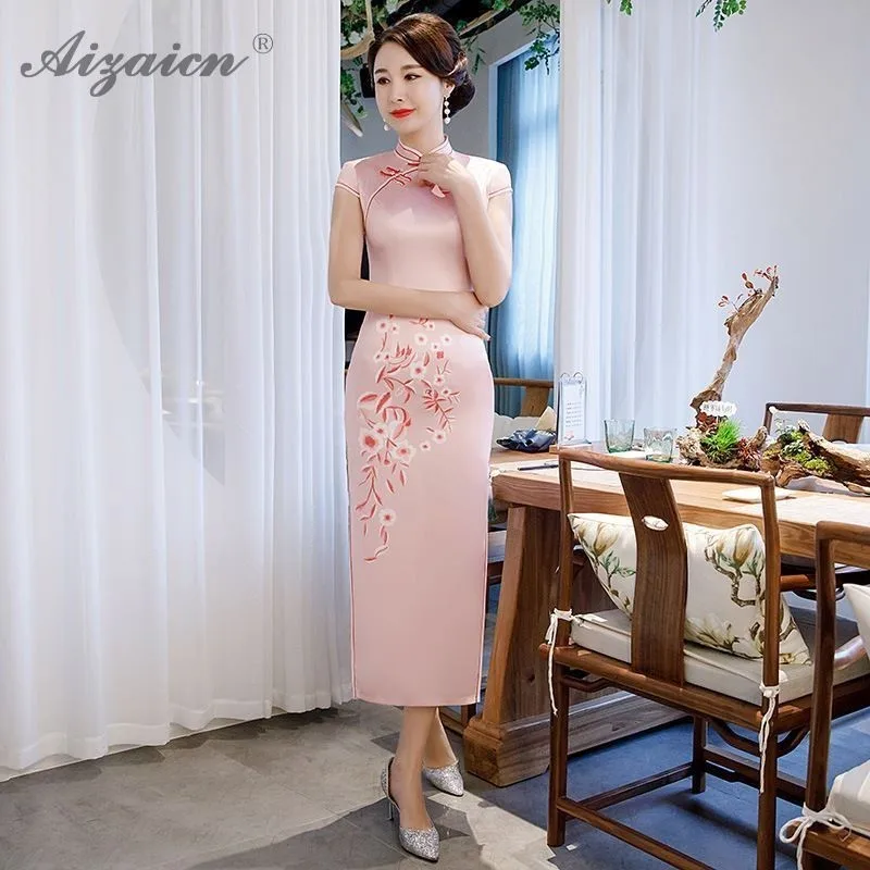 Розовый элегантный тонкий Чонсам длинные платья Современный Восточный стиль халат Qi Pao женское традиционное китайское платье Qipao винтажное платье