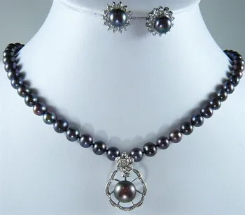 

Women's Wedding wholesale noblest 8mm 17" black shell pearl necklace + 12mm inlay pearl pendant necklace &