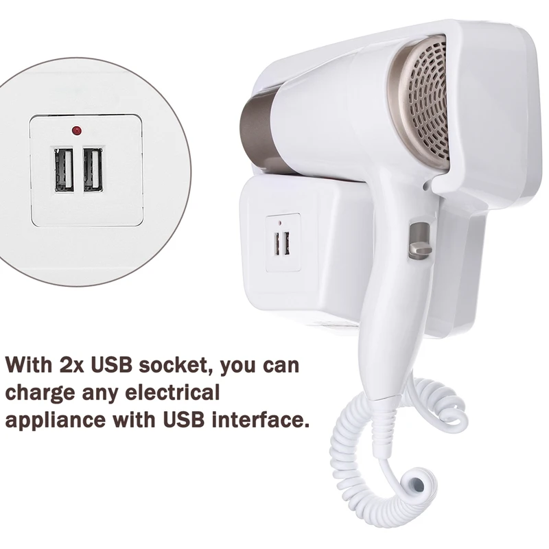 220V 1300W 2 Modes Adjustable Usb Socket Wall Hanging Type Electric Hotel Home Bathroom Hair Dryer Holder Salon Hair Blow Drye