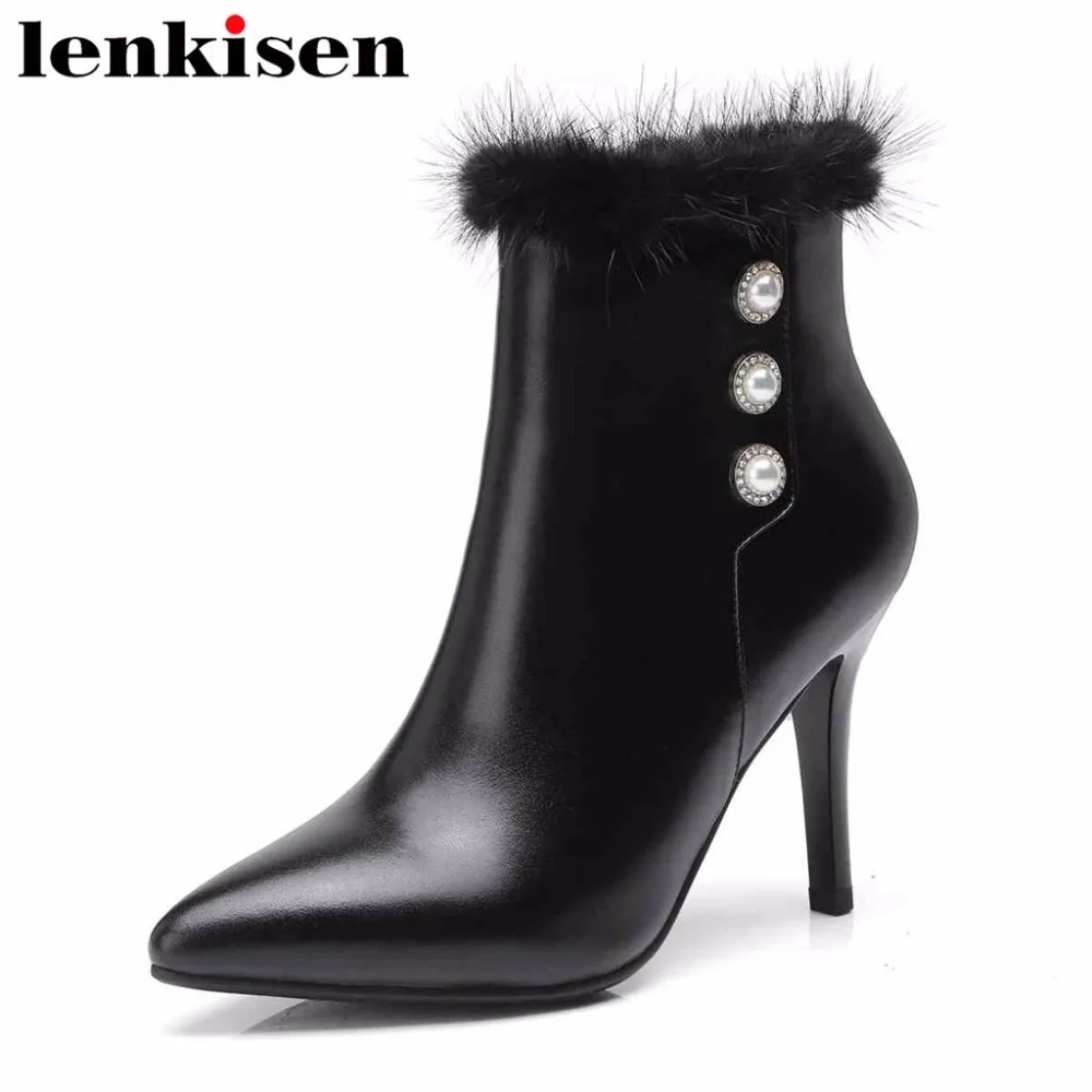

Lenkisen original design pointed toe genuine leather high heels beauty girls pearls woman zipper plus size knee-high boots L82