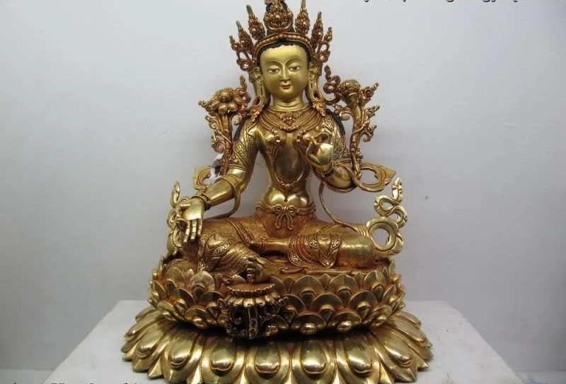 

Tibet 100% Pure Bronze 24K Gold Gild Seven Eye Green TaRa Guan Yin Buddha Statue