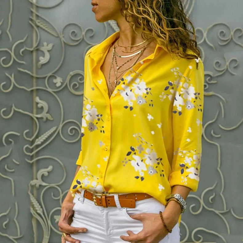 Женская блузка с цветочным принтом, одежда с длинным рукавом и v-образным вырезом, для похудения, белый, желтый, светильник, синий цвет, размеры от S до 3XL, повседневная женская рубашка