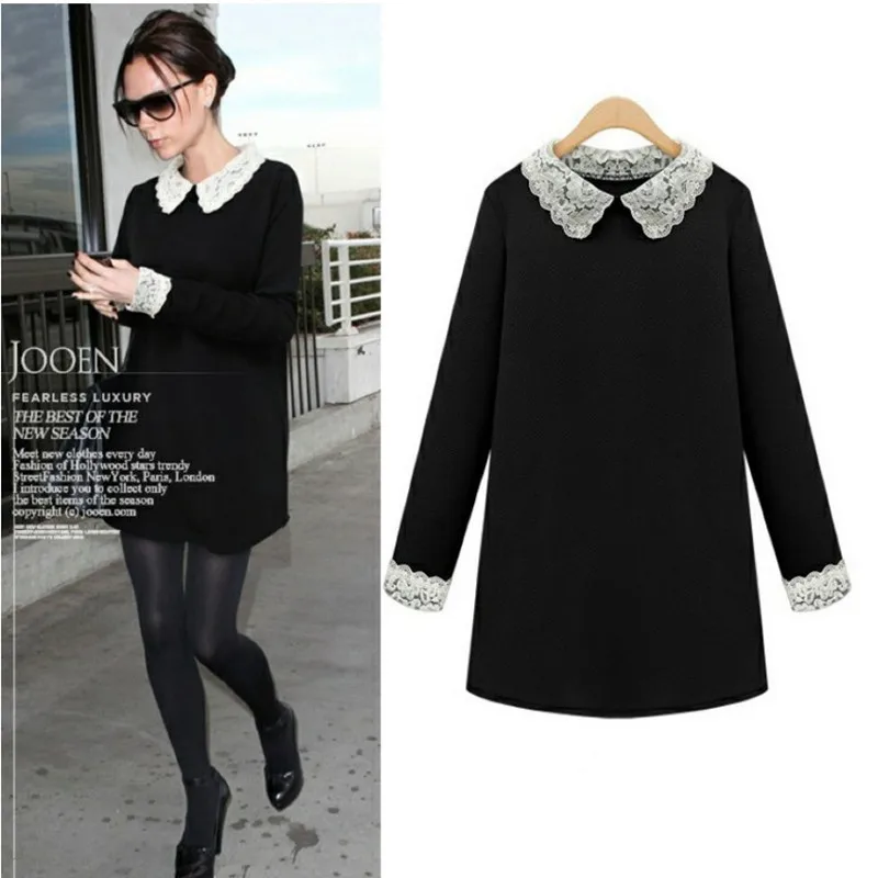 

2018 New Spring Women's lace lace Dress Peter Pan collar Large size Long-sleeved