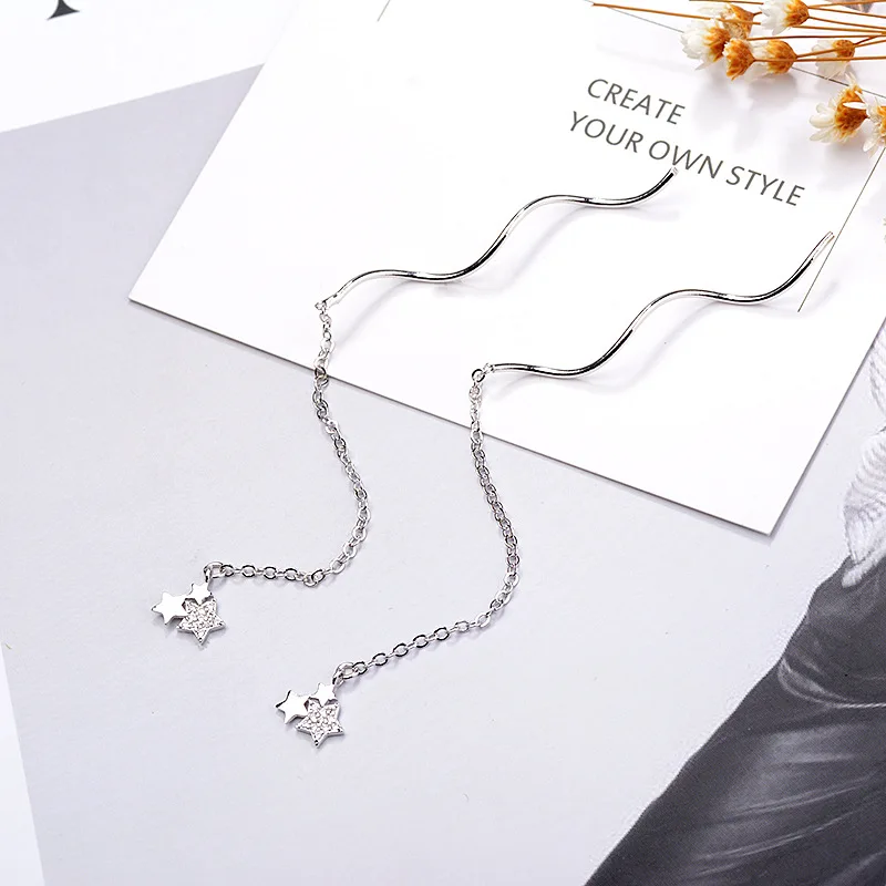 

Chic Star Wave Ear Line for Women Korean Exquisite Five-pointed Star Long Tassel Earrings Dangle Drop Earrings Bridal Jewelry