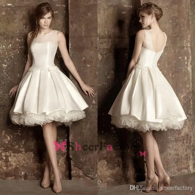 Vestidos De Noiva 2015 Short Wedding Dresses robe de mariee with Sheer Neck Tulle Button Fall Garden Party Gowns | Свадьбы и