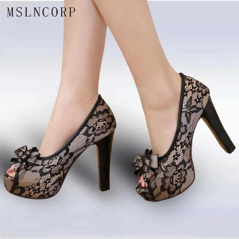

Plus Size 34-46 Women Sandals summer gauze high heeled Pumps lace Fish mouth sandals fashion sexy platform party Wedding shoes