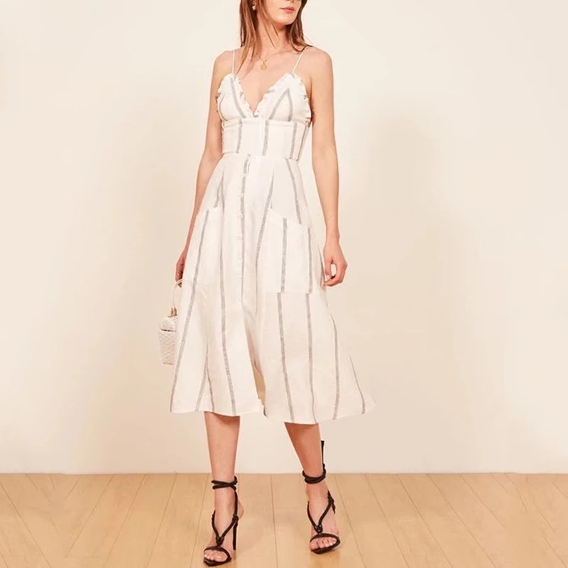 

Sexy Striped Print Lace Strap Dresses Autumn V Neck Backless Sleeveless Fashion High waist Off Shoulder Beach Dress Girl