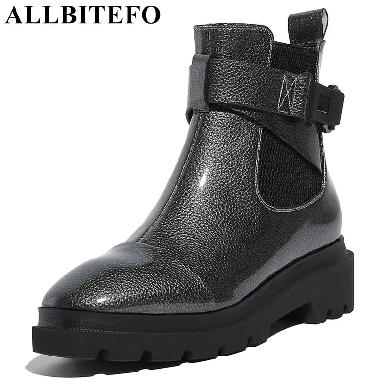 

ALLBITEFO Patent leather square toe thick heel women boots fashion brand medium heel ladies boots winter girls motorcycle boots