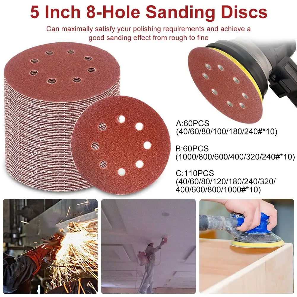 100 Pack 5" 8 Hole 180 Grit Sanding Disc Random Orbit Hook & Loop Sandpaper 