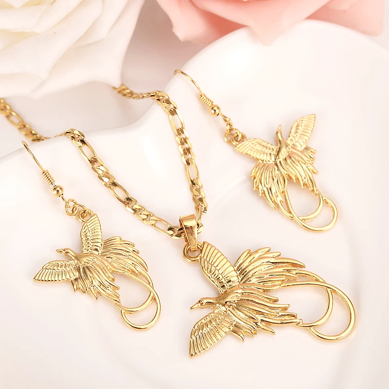 

Gold Color PNG Jewellery Set crystal bird Pendant Necklaces Earrings Papua New Guinea Wedding bridal party women girls gifts