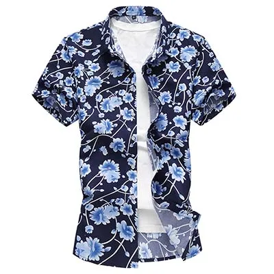 LONMMY 6XL 7XL, цветочные мужские рубашки, блузы, повседневные, с рисунком гитары, в стиле панк, с коротким рукавом, с цветочным рисунком, рубашки, Мужская одежда, лето - Цвет: B780 blue