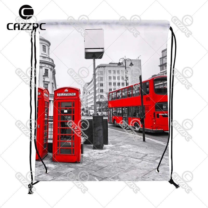 

London City Retro Red bus and Telephone Boxes Print Custom individual Nylon fabric Drawstring Backpack gift bag