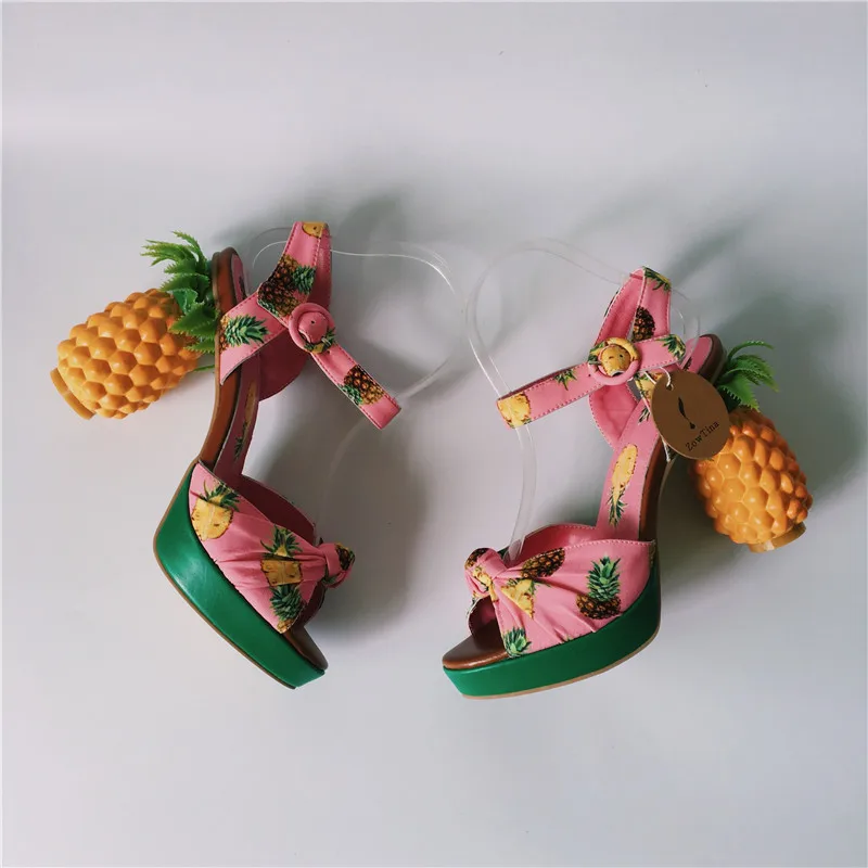 Женские Розовые босоножки на платформе; летние туфли с ананасом на не сужающемся книзу массивном высоком каблуке 11 см; женские туфли с ремешком на щиколотке; женские модельные туфли-лодочки Valentina