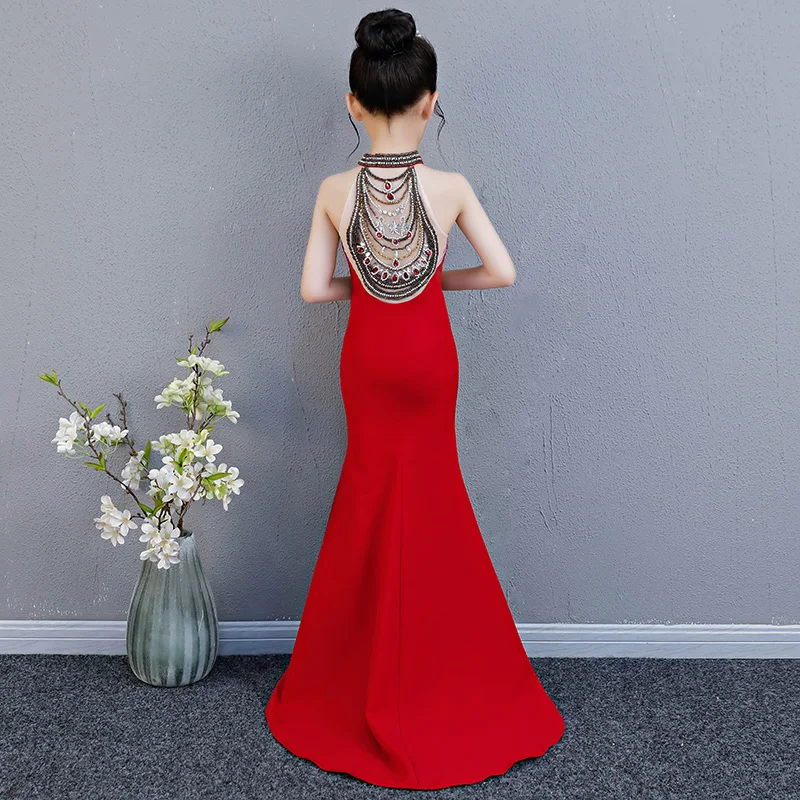 

Luxury Mermaid Long Flower Girl Dress Wedding Princess Dress Red Beading Evening Kids Girls Dress for Birthday Party Show Gowns