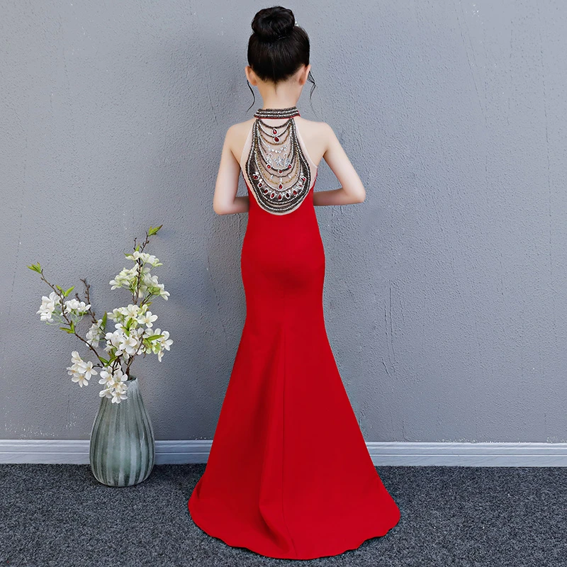 Robe De Luxe Sirene Longue Fleur Fille Robe De Mariage Princesse Robe Rouge Perles Soiree Enfants Filles Robe Pour Fete D Anniversaire Spectacle Robes Aliexpress