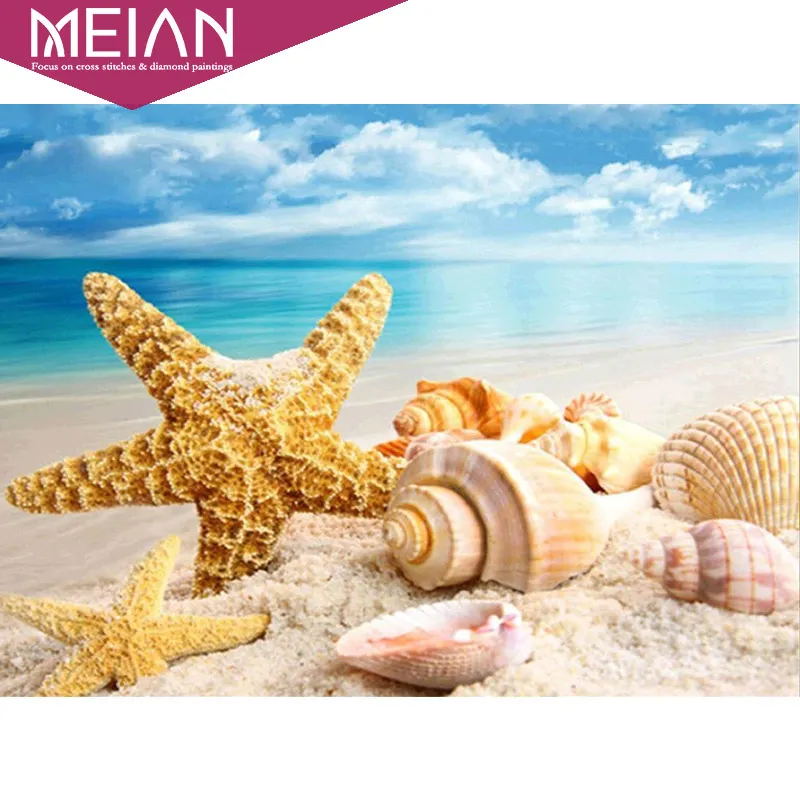 

Meian DIY Diamond Painting Cross Stitch "sea Shell starfish scenery" Home Decor Full Rhinestone Mosaic 5D Diamond Embroidery