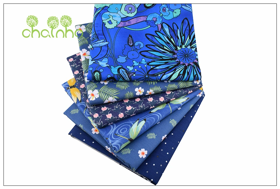 Chainho, 6 шт./лот, королевские синие цветы, саржевая хлопковая ткань, Лоскутная Ткань, сделай сам шитье и стеганое одеяло, материал для малышей и детей