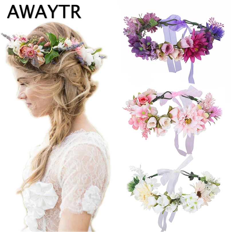 

AWAYTR New Wreath Women Flower Headband Wedding Hair Accessories Girls Floral Crowns Boho Style Bride Headwear Fashion Hairband