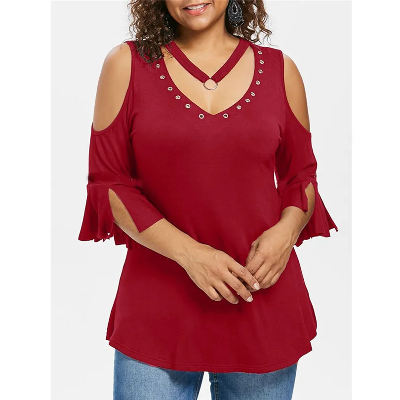 

KWAN_Vogue Plus Size Rivet Solid V-Neck Sexy button cutout open shoulder irregular decoration design Hollow Out T-shirt tee #2